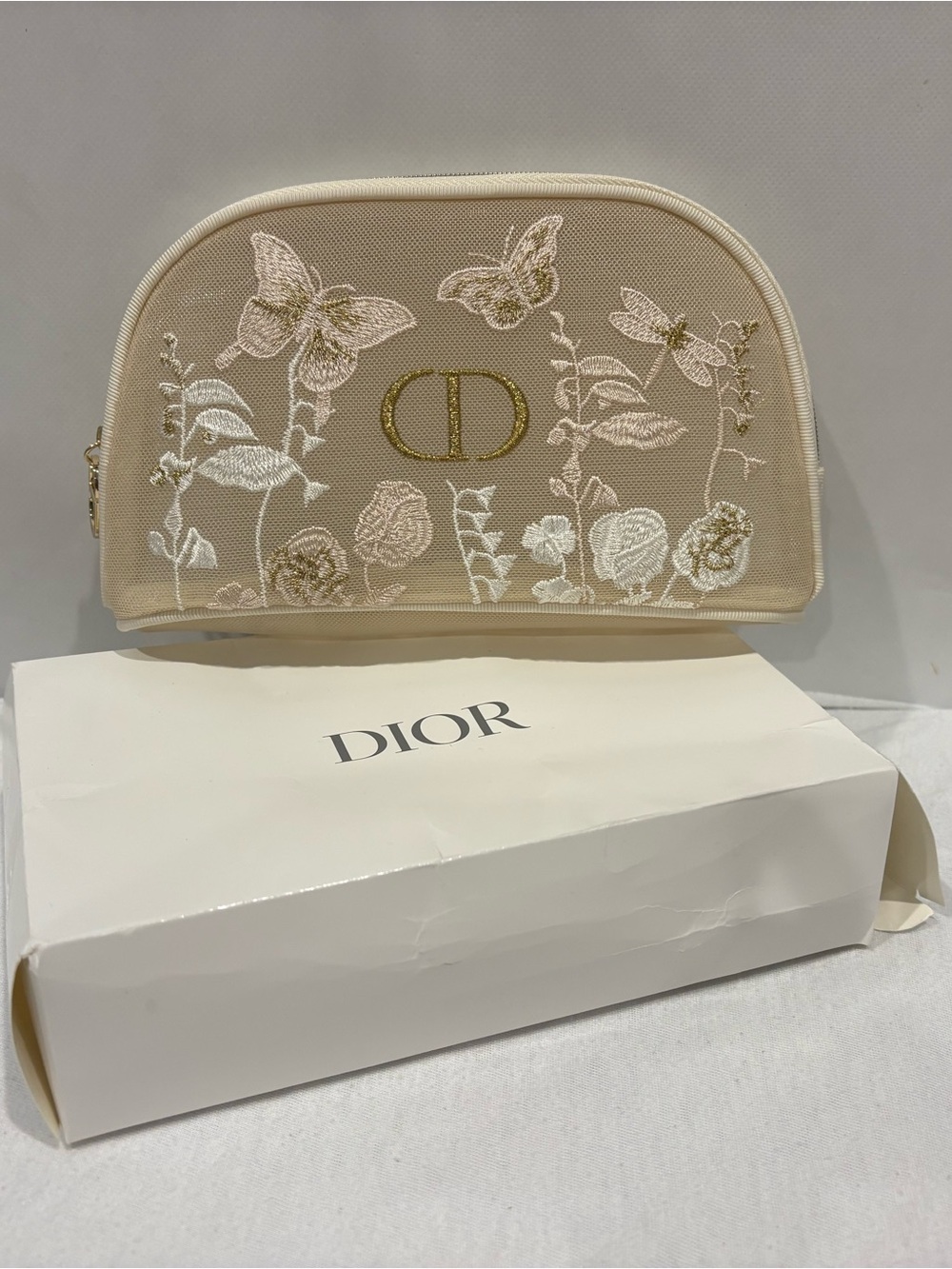 Dior Beauty Beige Embroidered Cosmetic Pouch with Gold CD Logo